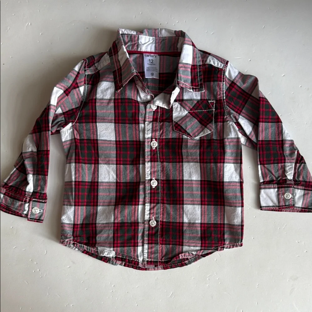 Carter's Red, Green, White Plaid Button Down Boys Shirt 12 months